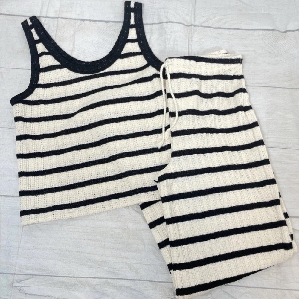 NEW H&M black cream striped woven knit tank top‎ & pant trousers Woman’s Size M